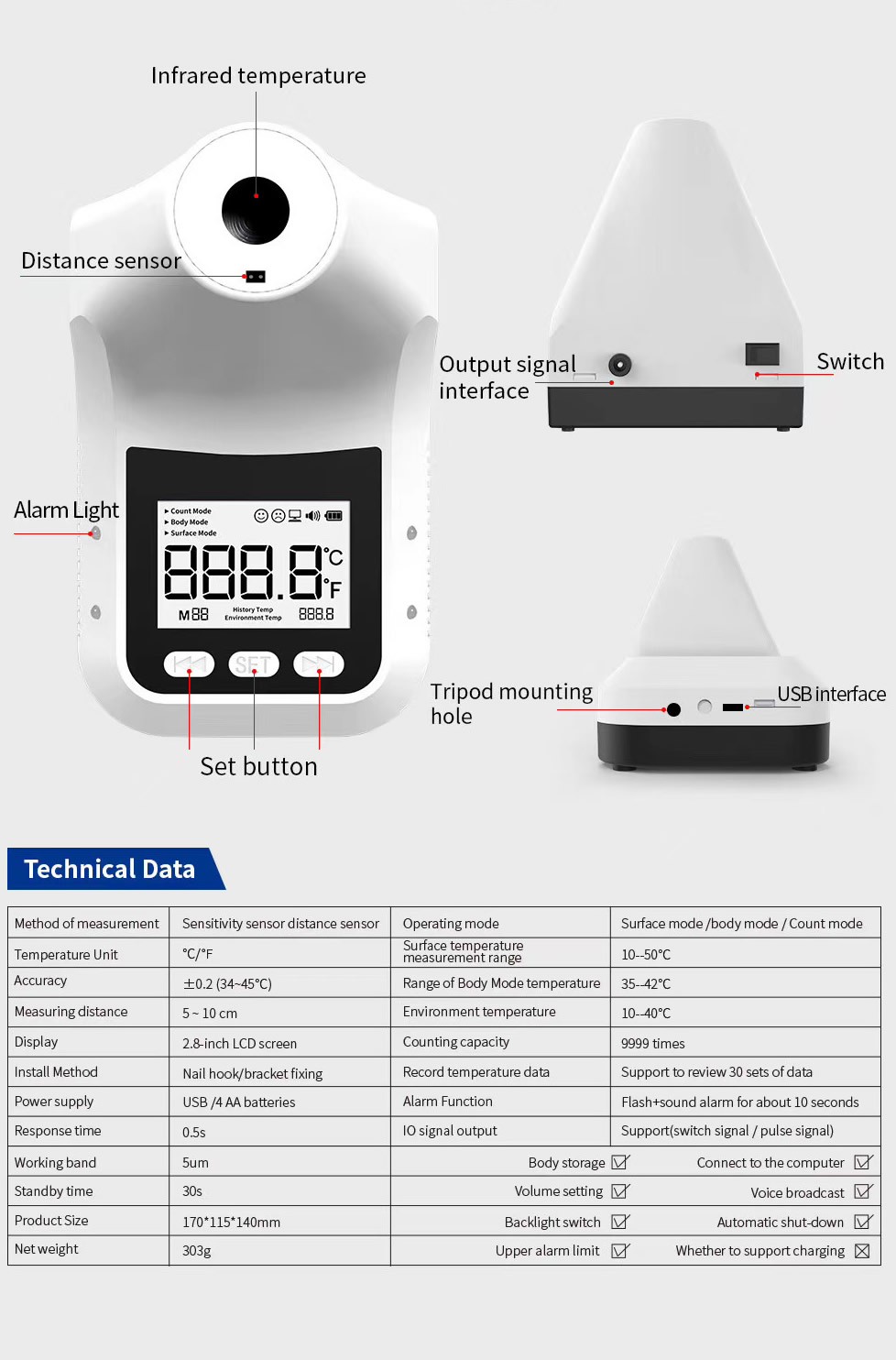 Wall or Tripod Mount Non-Contact Auto Infrared Forehead Thermometer K3 Pro